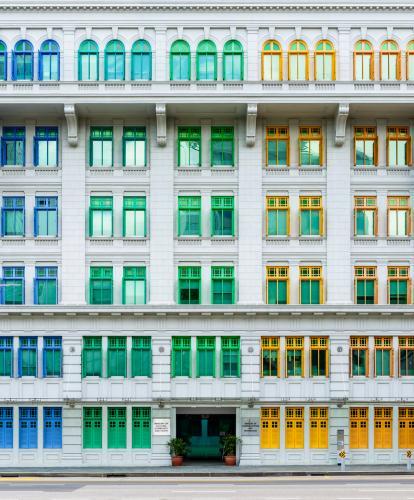 Colourful windows of Old Hill Street police station, Singapore