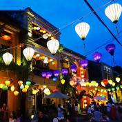 Lanterns strung across streets of Hoi An at night